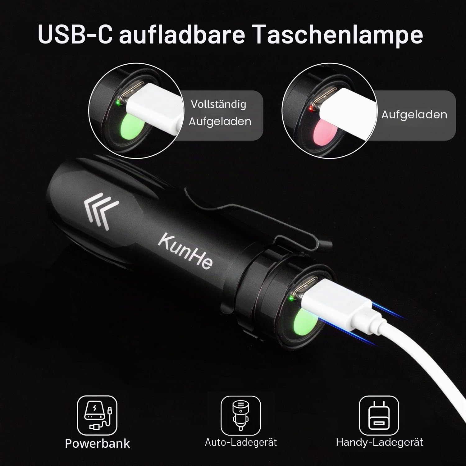 KunHe 20er-Set LED Taschenlampe aufladbar Mini Taschenlampen Set 300 Lumen mit Clip Aluminium USB-C kleine Taschenlampe für Camping Outdoor Notfall kompakt und tragbar