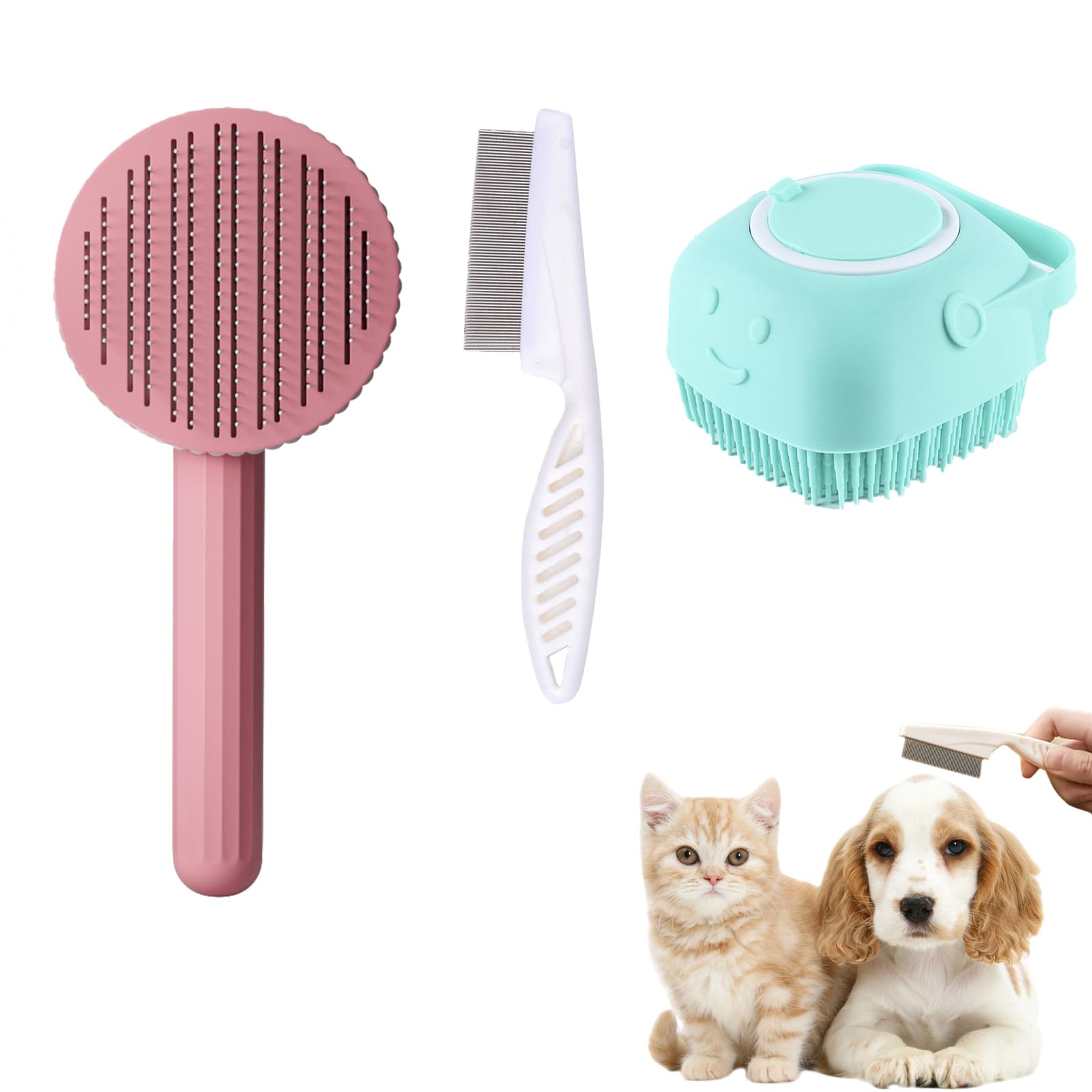 DALAETUS 3 piezas Cepillopara Perros y Gatos, One Touch Cepillo para Perros y Gatos con Cepillo de Silicona para Baño de Perros, Cepillo Antipulgas, para Perros/Gatos/Conejos de Pelo Corto y Largo
