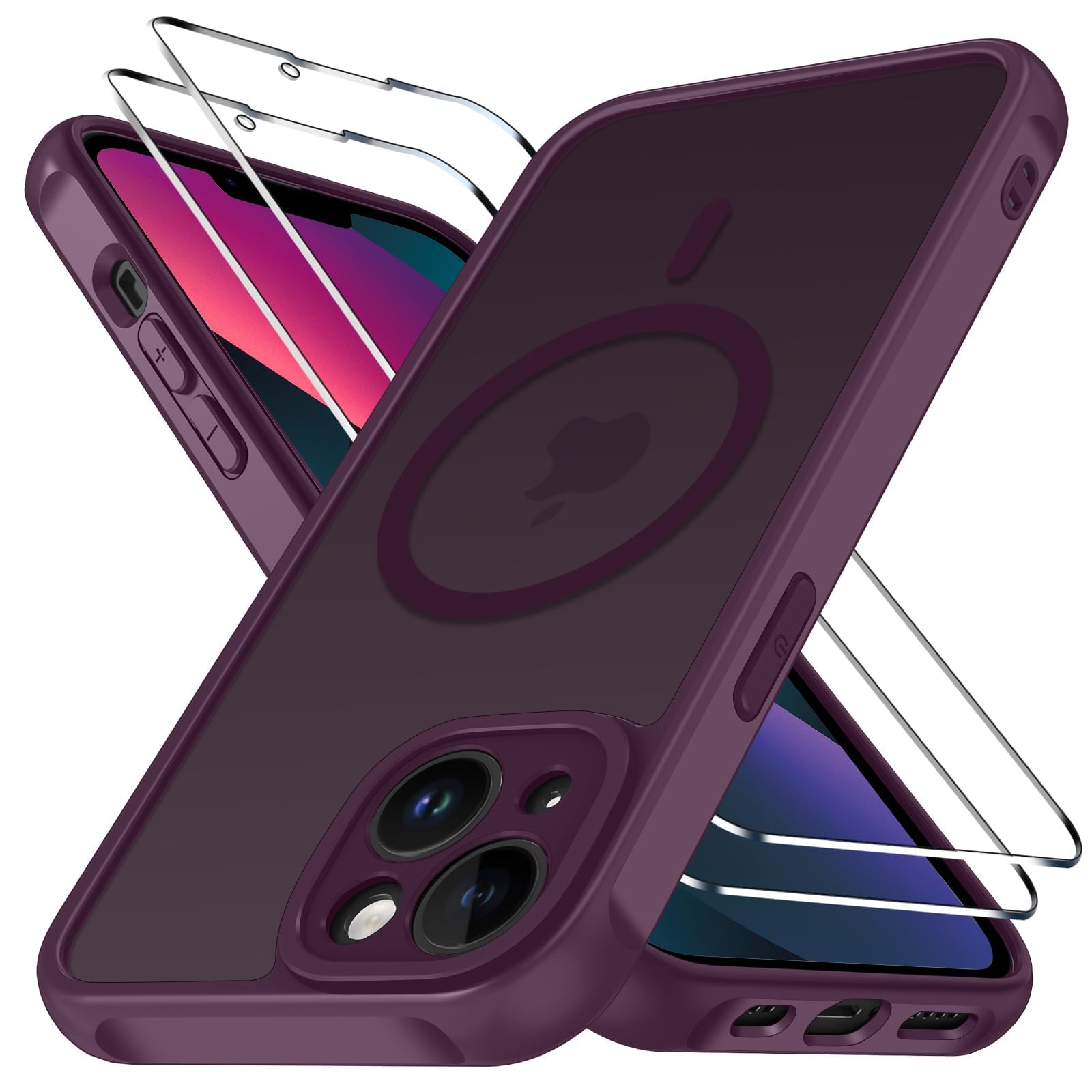 iVoler Cover Magnetica per iPhone 13 5G con 2 Pezzi Pellicola Vetro Temperato, [Compatibile con MagSafe] Custodia Traslucida Opaca Sottile Anti-Impronte MagSafe Case, Bordeaux