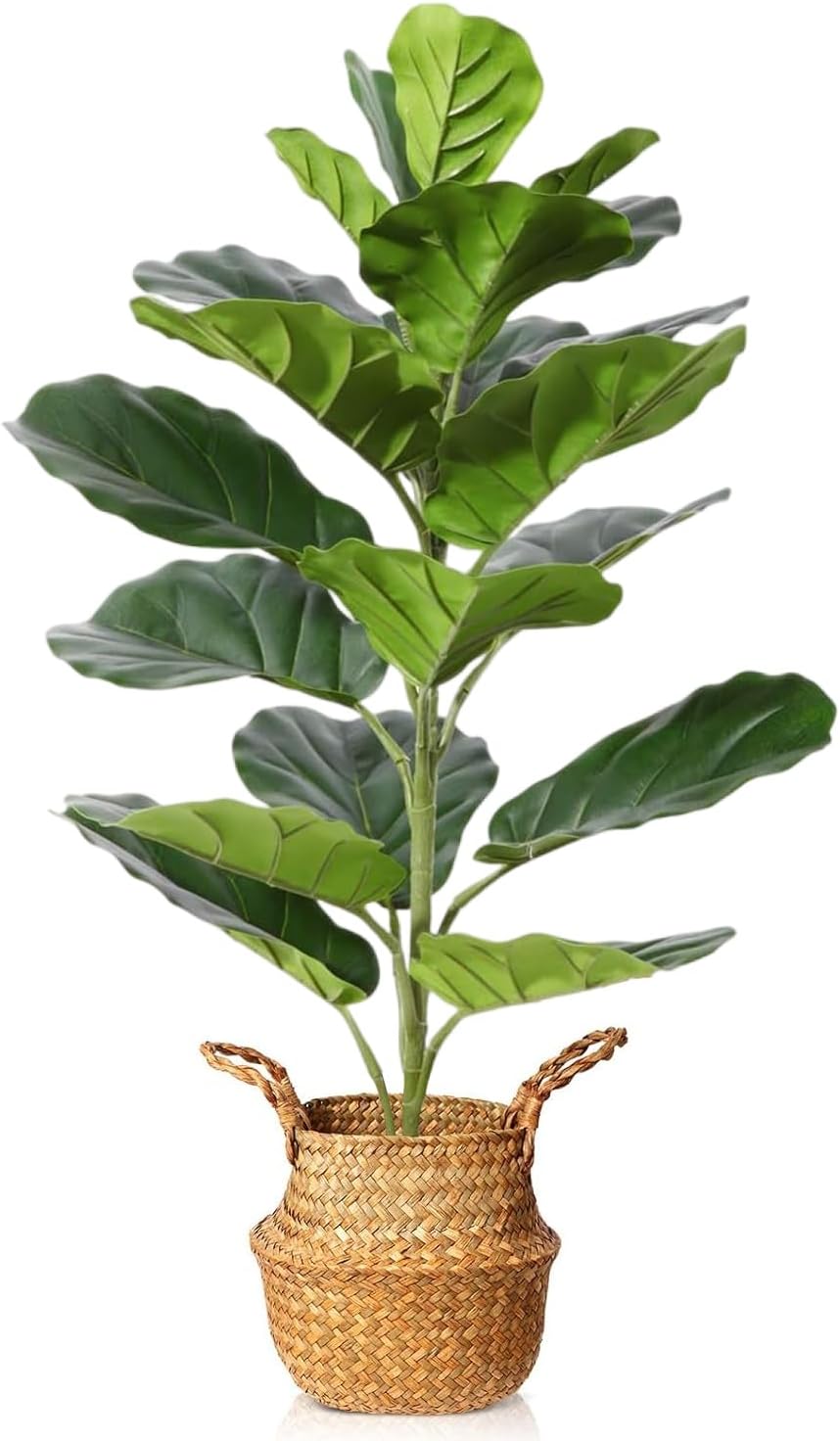 Artificial Plants 70cm Fake Fiddle Leaf Fig Tree, with 21 Leaves in Pot and Woven Seagrass Basket, Perfect Faux Ficus Lyrata Plant for Home Indoor Outdoor Office Modern Decor Green
