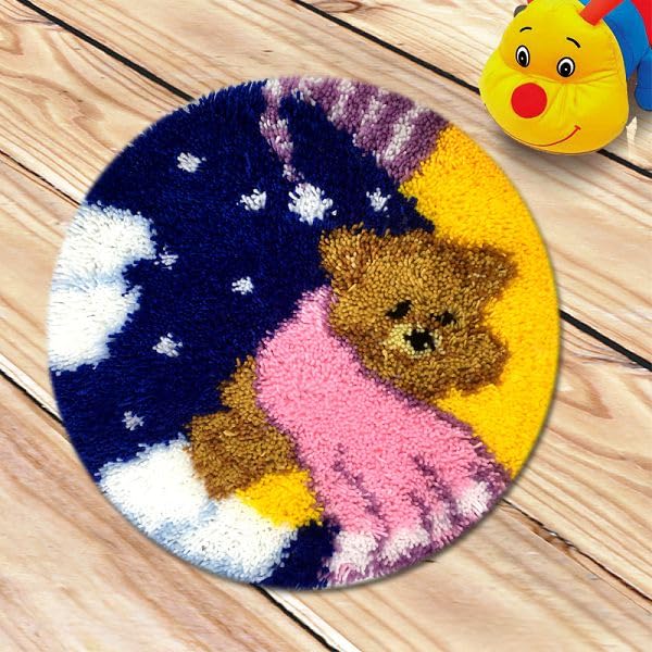 CraftsFabrics Starry Night Bear Rug 60% Cotton 40% Polyester DIY Crafts Yarn Carpet Round Shape Animal Custom Latch Hook Rug Crochet Kits for Beginners Adults