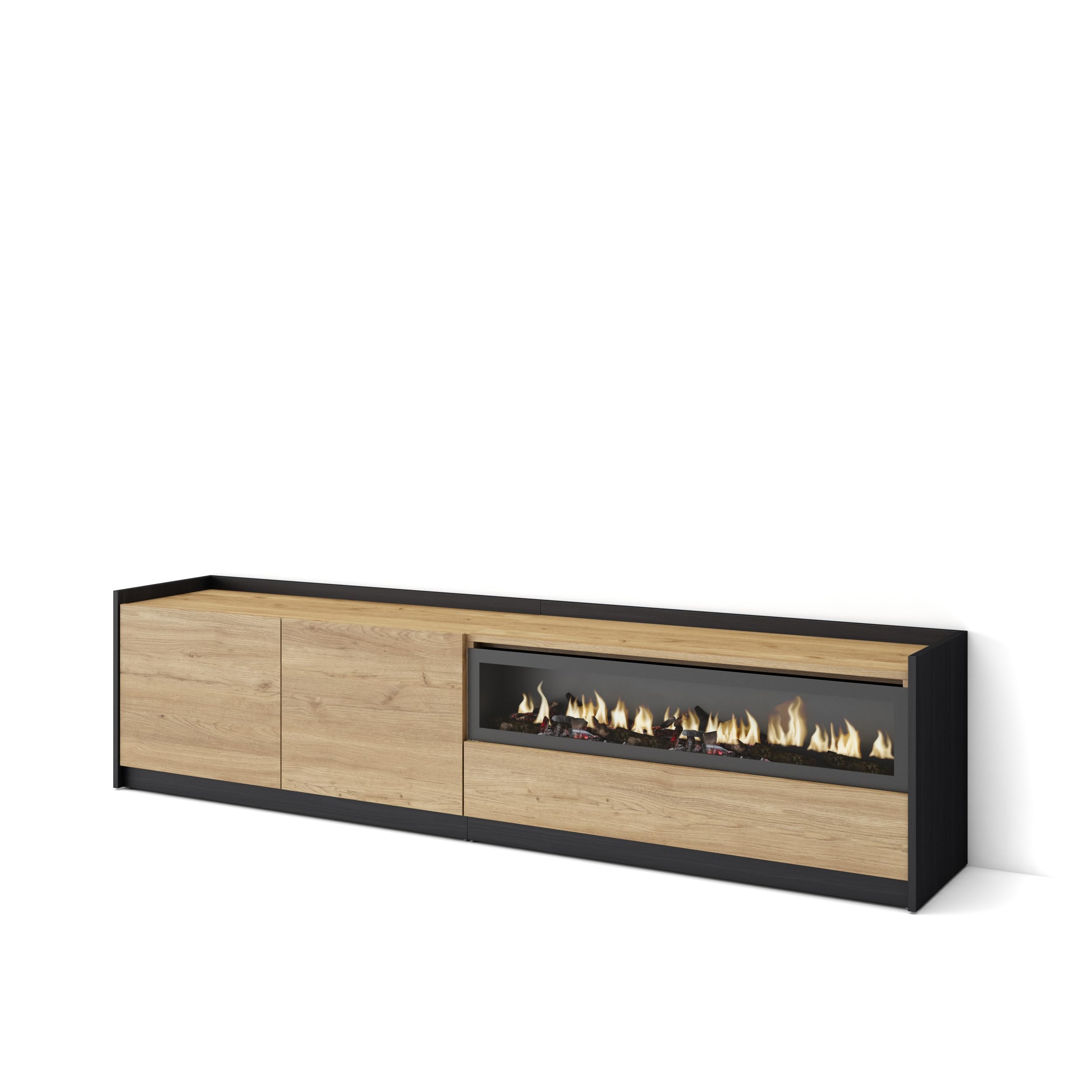 Skraut Home | Mueble TV | Muebles de salón, almacenaje | 207x50x37 cm | para televisión hasta 80" | Chimenea eléctrica | Estilo Moderno | Roble y Negro
