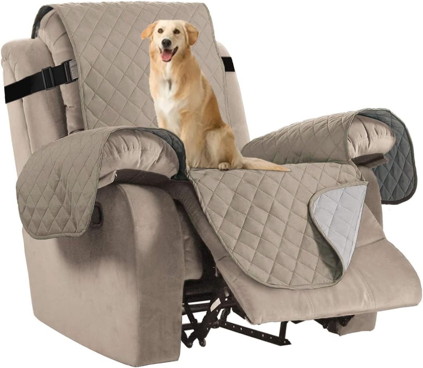 H.VERSAILTEX Reversible Quilted Recliner Covers Recliner Chair Cover Water Resistant Furniture Protector Washable Couch Cover with Elastic Straps for Kids, Pets (Recliner, Khaki/Beige)