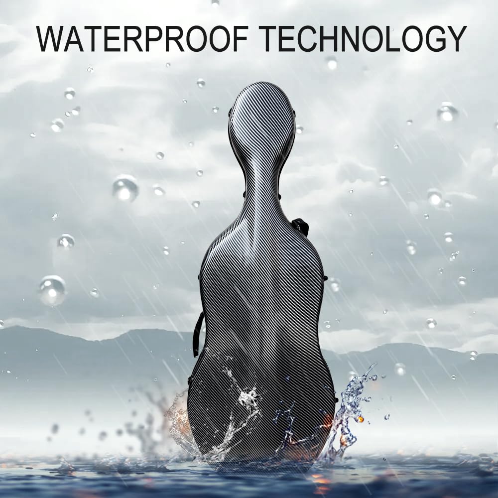 Funda de violonchelo de fibra de carbono compuesta para tamaño 4/4 con ruedas duraderas y correas de mochila, diseño de suspensión, asa integrada, carcasa rígida impermeable, 4 kg de peso