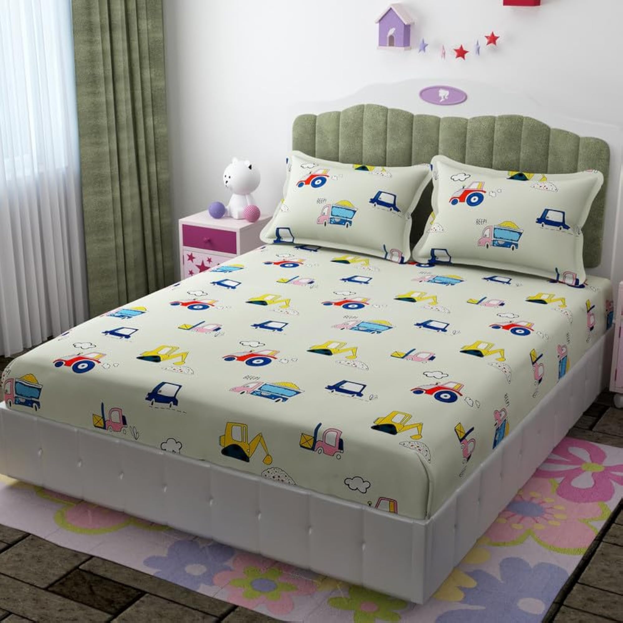 Kids Elastic Fitted Bedsheet for Double Bed with Pillow Covers