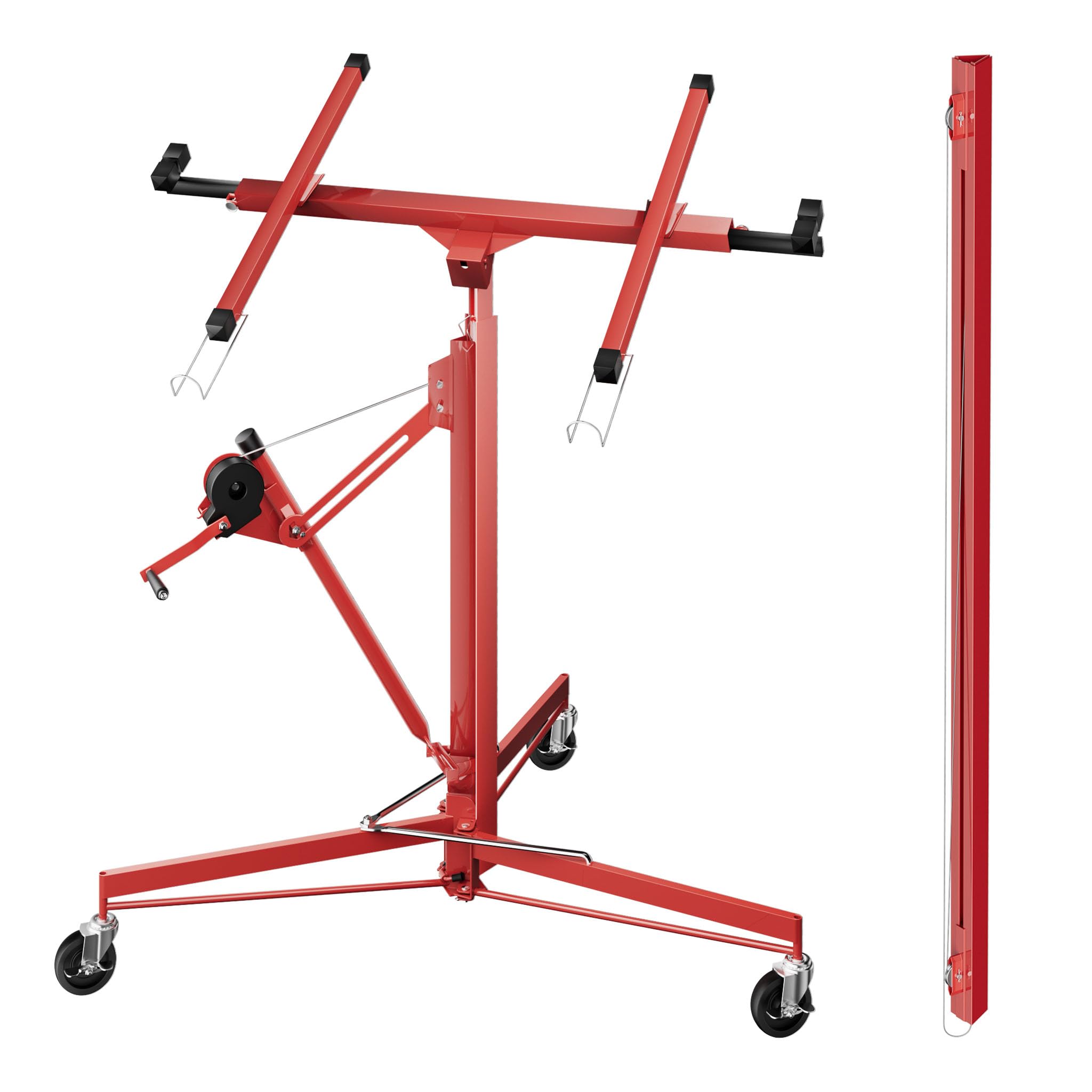 Wiltec SET XXL Plattenheber bis max. 68 kg + 140 cm Verlängerung, Höhe 140-465 cm, max. Breite 2,90 m, Montagehilfe für Trockenbau, Paneelheber mit 3 Rädern, rot