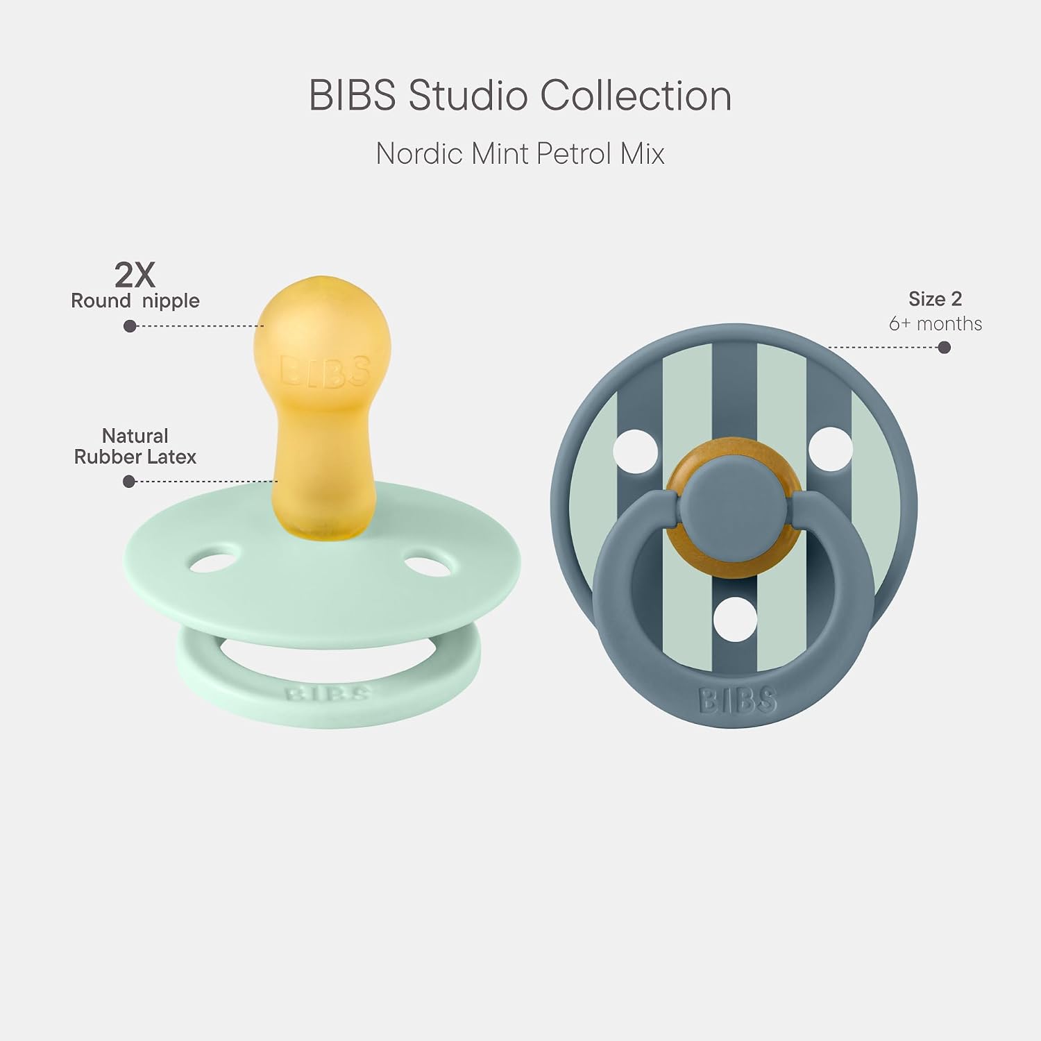 BIBS Colour Pacifier, 6-18 Months, 2-Pack, Round, Block Nordic Mint Petrol