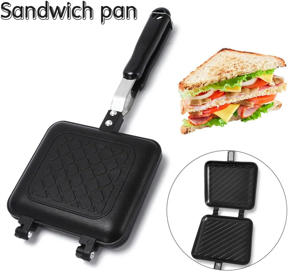 Estink Double Sided Frying Pan, Aluminum Alloy Sandwich Pan Breakfast Double Sided Frying Pan Flat Bottom Nonstick Sandwich Maker Pan for Toaster Breakfast Omelette, Pattern Grid