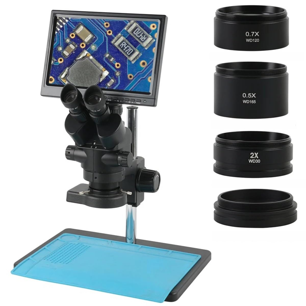 Osservazione al microscopio Microscopio stereo trinoculare con zoom simul-focale 7X-45X + obiettivo ausiliario 0,5X 2X 0,7X 1X + fotocamera HDMI Monitor LCD da 10,1"(G,11.6 inch)