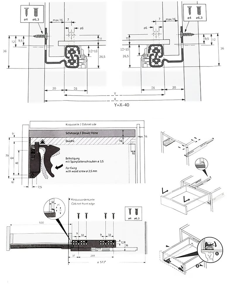 Guide per cassetti con chiusura ammortizzata, Guide for cassetti nascoste a estrazione totale sottotop con chiusura ammortizzata, 30 kg, confezione da 2