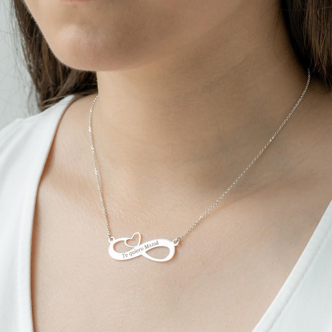 Collar Infinito con Corazón Personalizable en Plata de Ley Personalizado con cadena Rolo de 40cm + Alargador. Ideal para regalar a un ser querido: madres, abuelas...