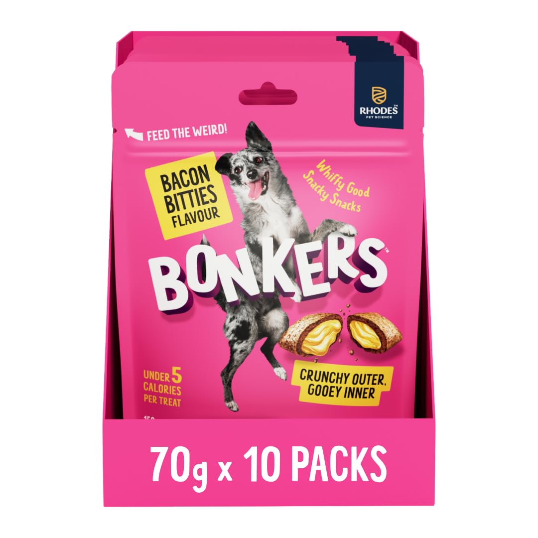 BONKERS Dog Bites 10 x 70 g, Crunchy & Soft Bacon Bitties Flavoured Pet Treats