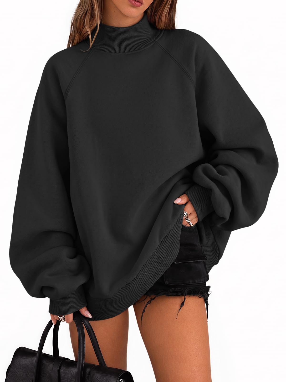 Trendy Queen Women’s Mock Neck Oversized Sweatshirts with Pockets | Comfort Sweaters, Fall Fashion Outfit, Fleece Winter Clothes, Travel Casual Work Top, Basic Lounge Pullover, Raglan Sleeve