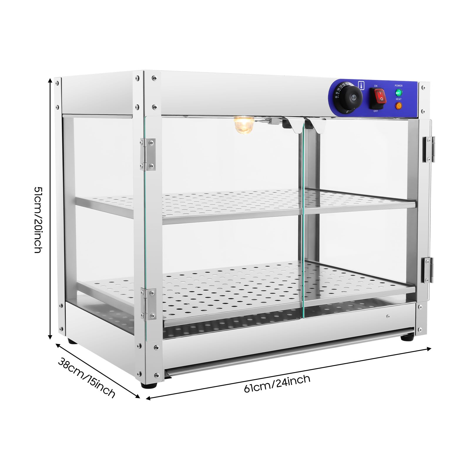 Vetrina calda a 2 ripiani, per scaldavivande, 30 – 85 °C, vetrina per scaldavivande, display per scaldabagni commerciali, con maniglie e clip per alimenti, 61 x 38 x 51 cm