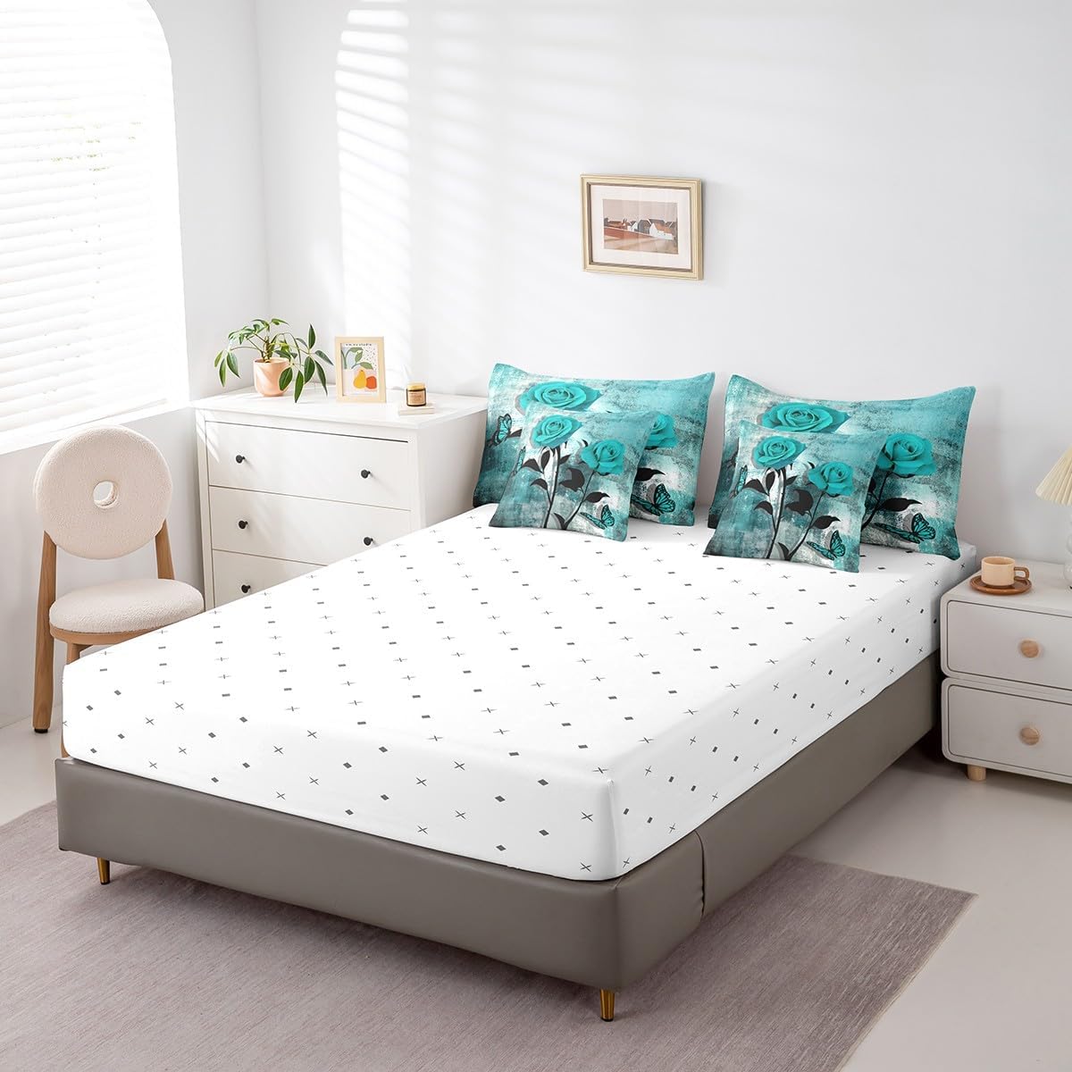 Erosebridal Bed in A Bag Teal Blue Comforter Set Queen,Turquoise Ombre Rose Bedding Set 7 Piece,Watercolor Contemporary Artwork Reversible Bed Set with Sheet Set,Bedroom Decor