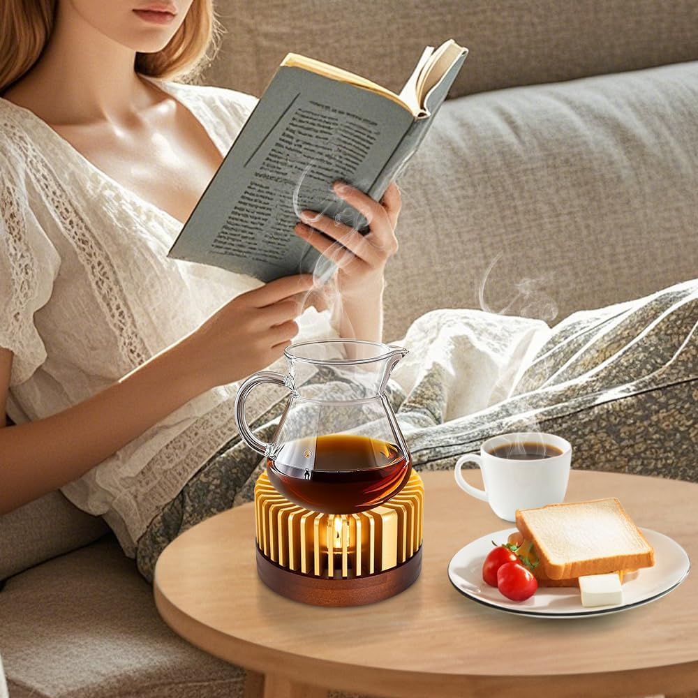 Stövchen für Teekanne mit Holzsockel, Aluminium TeeWärmerr, Kaffeewärmer mit Holzbasis, Kerzenheizung zum Heizen von Tee, Kaffee, Milch, Lebensmittel, Camping und Reisen (Klein)