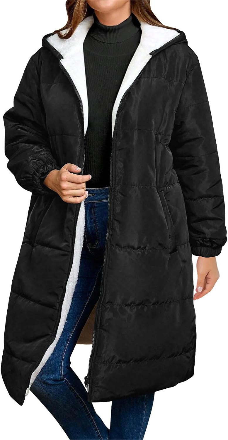 Long Winter Coats for Women's 2025 Warm Oversized Sherpa Fleece Lined Puffer Down Jackets Quilted Outerwear With Hood