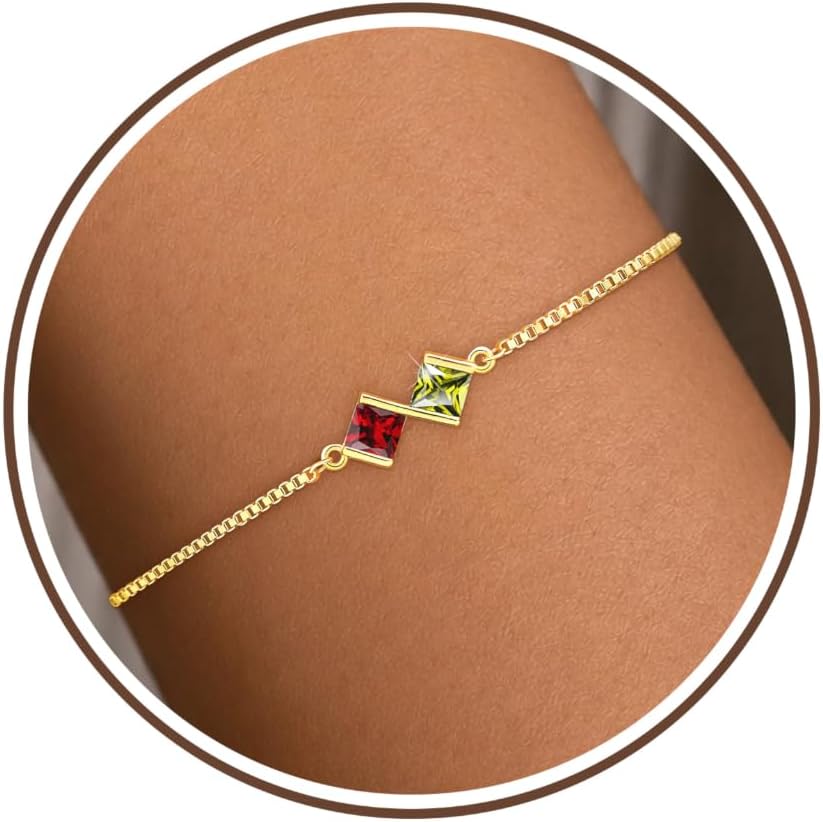 2 Birthstone Bracelets for Women Teen Girl Gifts Trendy Stuff Adjustable Dainty 14k Gold Plated Square 1-12 Birthstone Bracelet Personalized Non Tarnish Box Chain Birth Stone Bracelets Jewelry Birthday Gifts for Mom Daughter Granddaughter