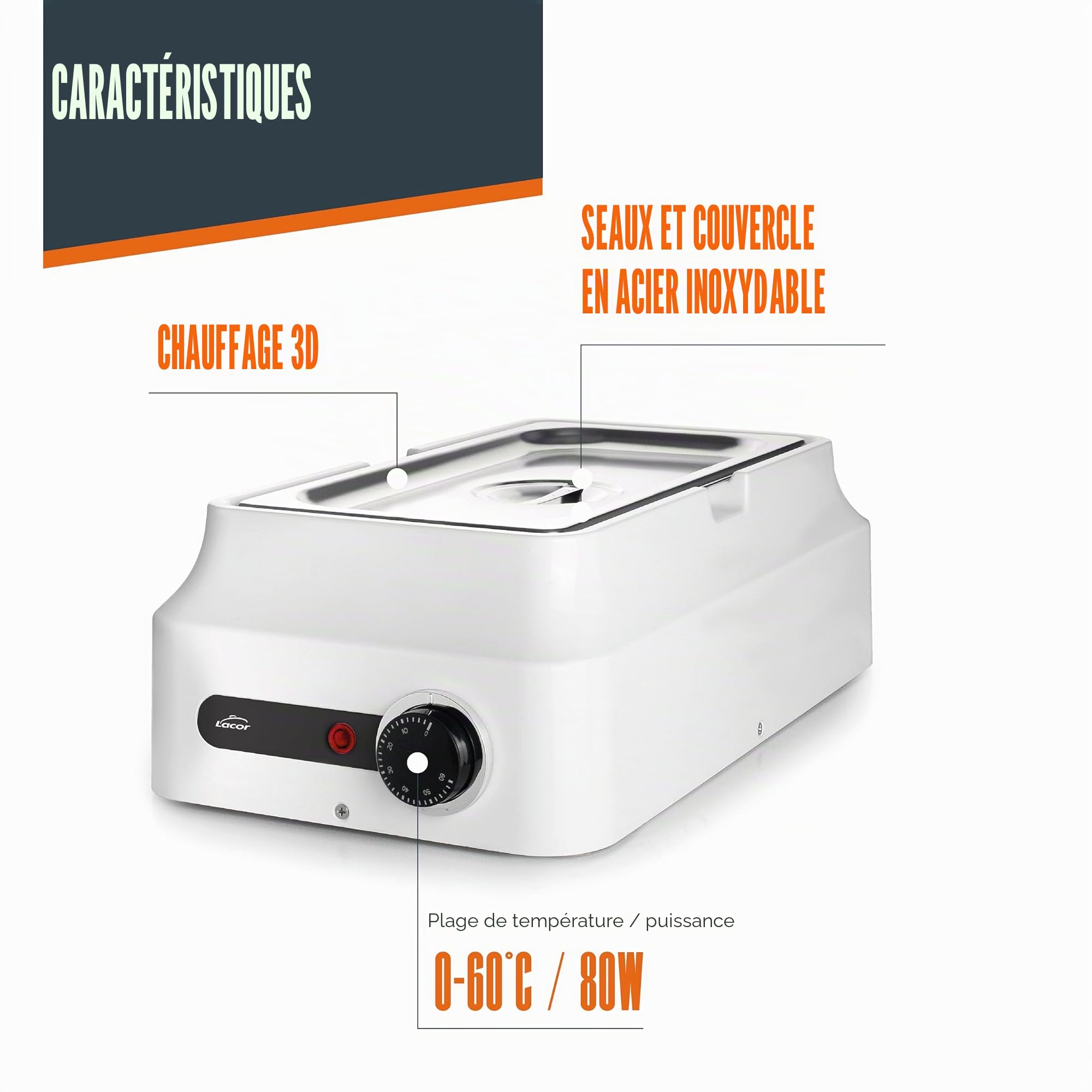 Lacor - 69618 - Bain-Marie à Chocolat, Blanc, 3,8 L, Acier Inoxydable 18/10, 80W, Thermostat Réglable 0-60 °C, Tempéreuse et Fondoir à Chocolat Professionnel, Chauffage 3D