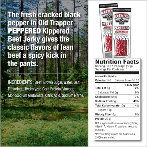 Image of Old Trapper Kippered Steak, Peppered Flavor, Two-Ounce Individually Wrapped Packages, Spicy Meat Snack for Between Meal Bites, 22 Grams of Protein per Serving (Pack of 12)