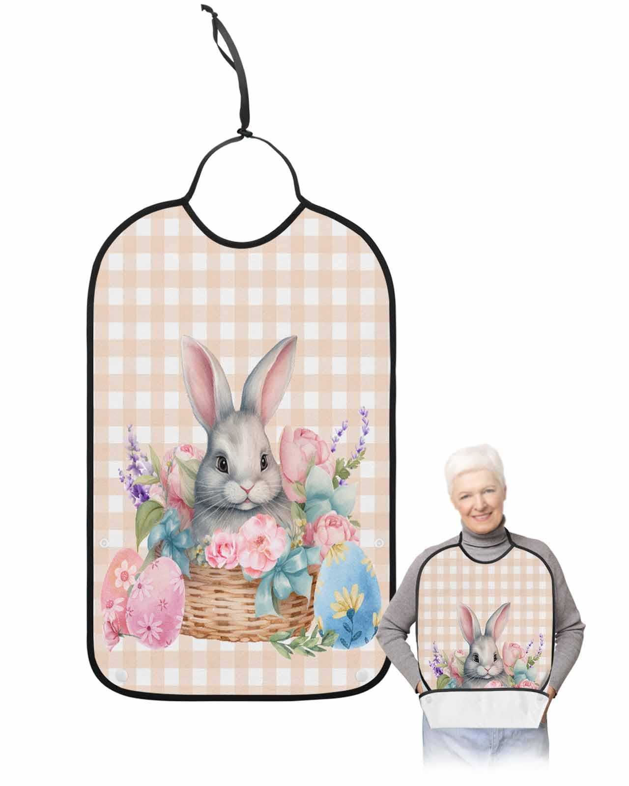 LEOKOTI Spring Easter Bunny Adult Bibs for Eating, Waterproof Bibs with Food Catcher & Snap Closure, Watercolor Floral Botanical Eggs Plaid Washable Clothing Protectors Adult Bibs for Elderly