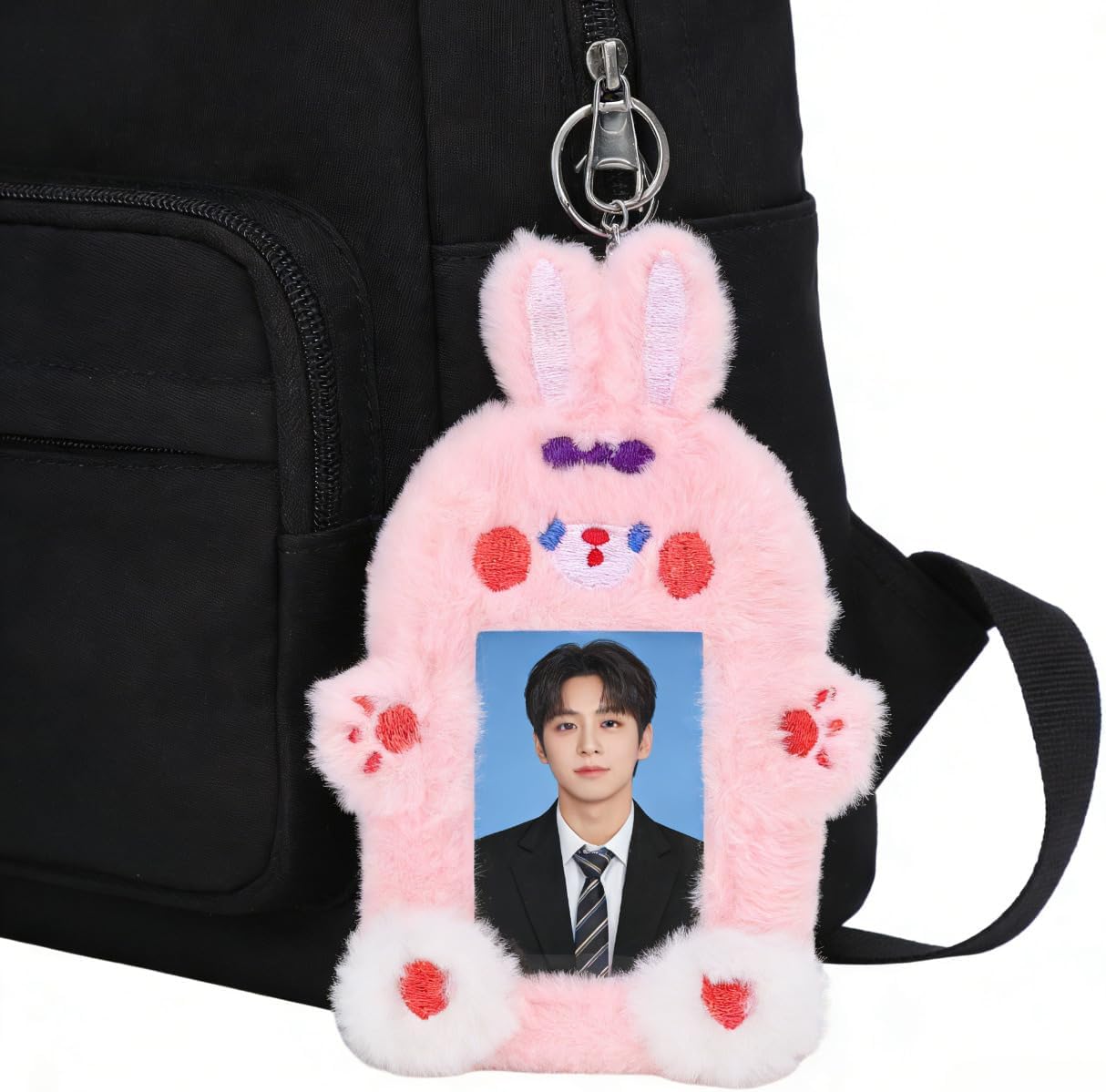 Plush Rabbit Card Holder Keychain with Transparent Photocard Sleeve Cute Cartoon Id Badge Pendant for Students Portable K-Pop Photo Card Case Set of 3