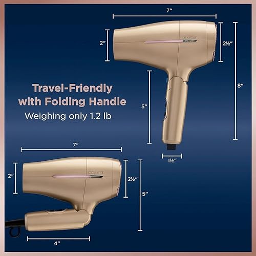 Miniatura 3 de Conair Secador de pelo de viaje mundial 1875W - Doble voltaje, mango plegable, tecnología iónica - Secador de pelo compacto champán para uso