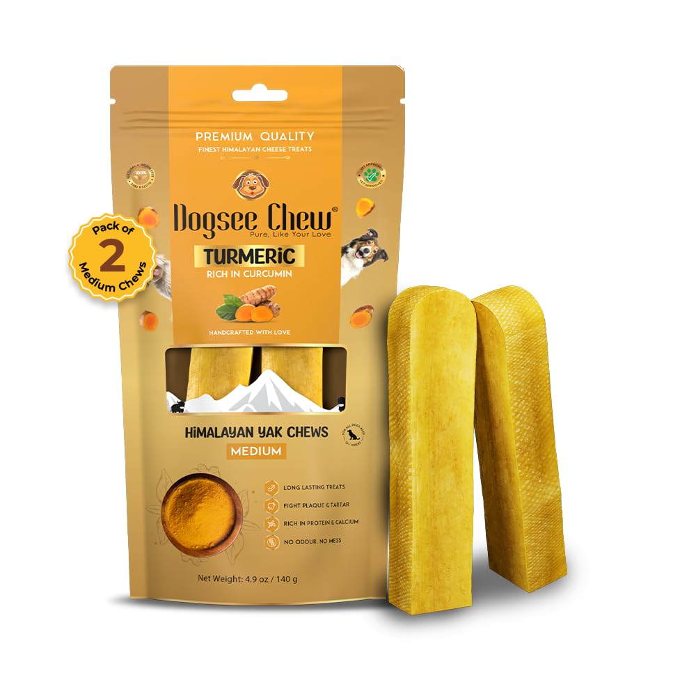 Dogsee Himalayan Yak Chews for Dogs - Medium Turmeric Calming Dog Treats - Yak Milk Dog Chew - Long Lasting Cheese Bones for Dogs - Medium (2 Pack)