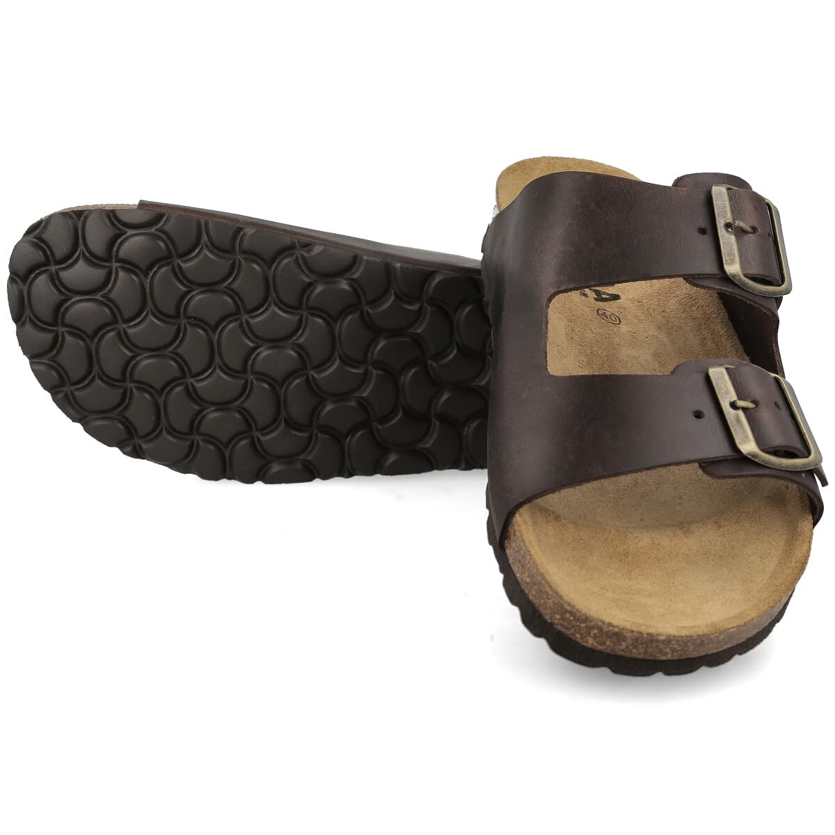Sandales en Cuir pour Homme Femme Unisex. Deux Boucles. Bout Ouvert. Tongs Confortables. Bio Semelle Anatomique. Marron, Noir, Cuir.