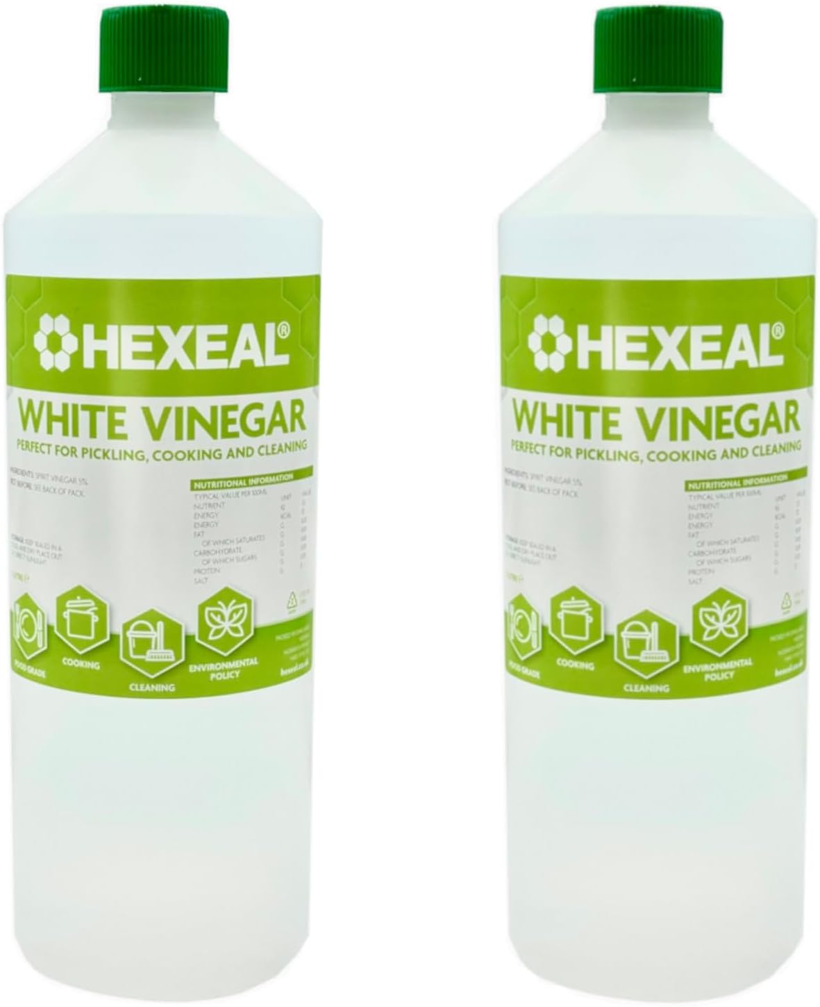 Hexeal White Vinegar 2L – 2 x 1L Bottles of Food Grade White Vinegar for Cooking, Cleaning, Pickling & Baking – Cleans Surfaces, Deodorises & Removes Grime