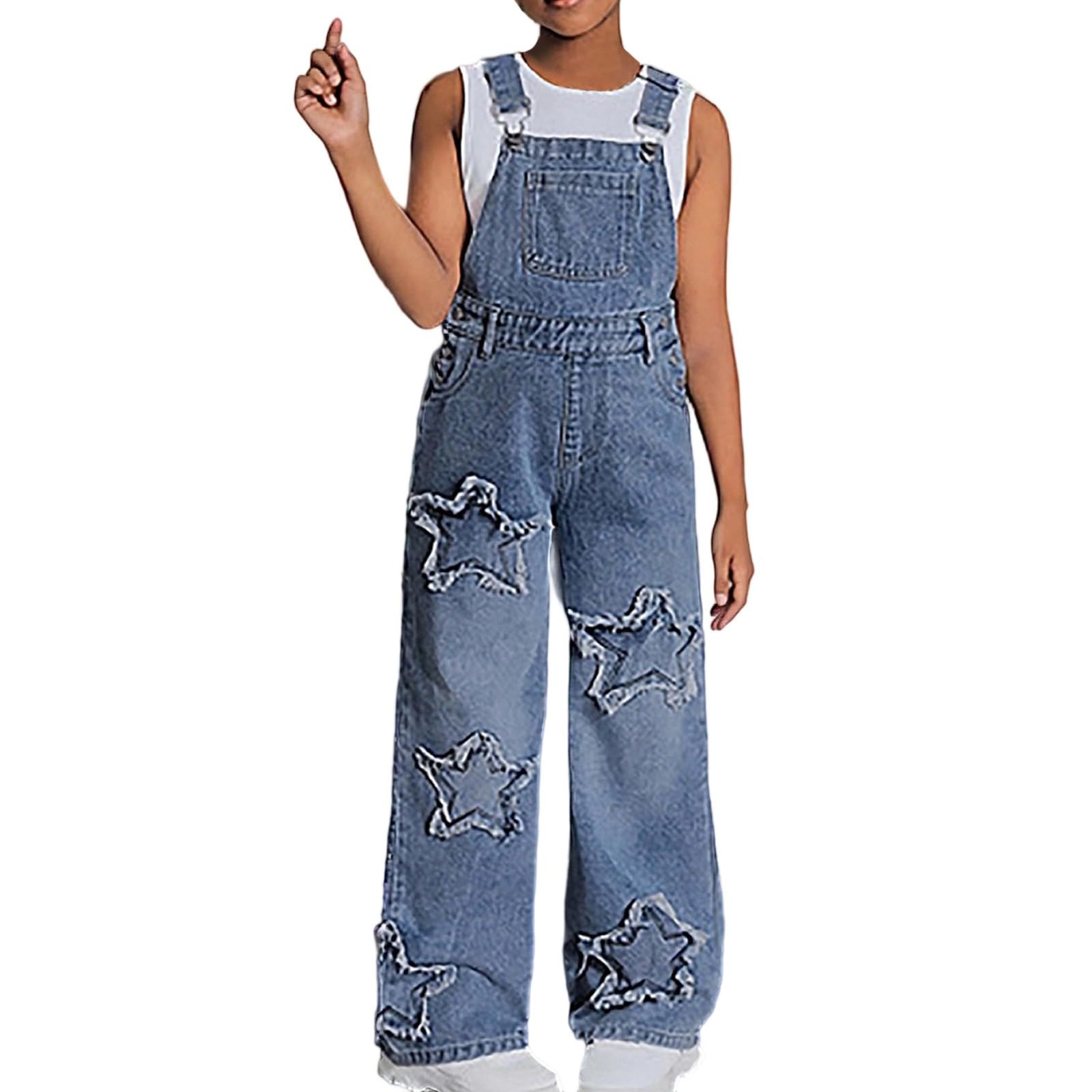 WWricotta Salopette in Jeans con Stella per Ragazze, Modello Casual a Gamba Larga con Vita Alta, Perfetta per Adolescenti, Outfit Comodo per Estate e Autunno, Denim Morbido/A