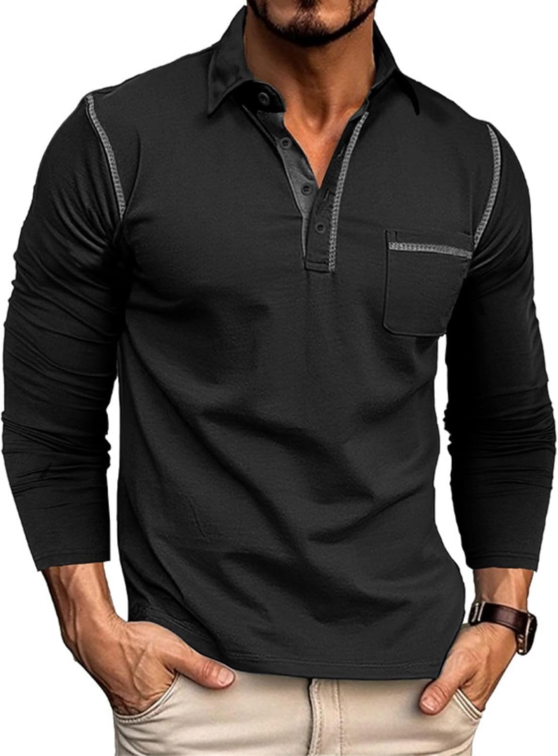Men's Casual Polo Shirts Classic Long Sleeve Basic Button T-Shirt Lightweight Cotton Golf Tops with Pocket