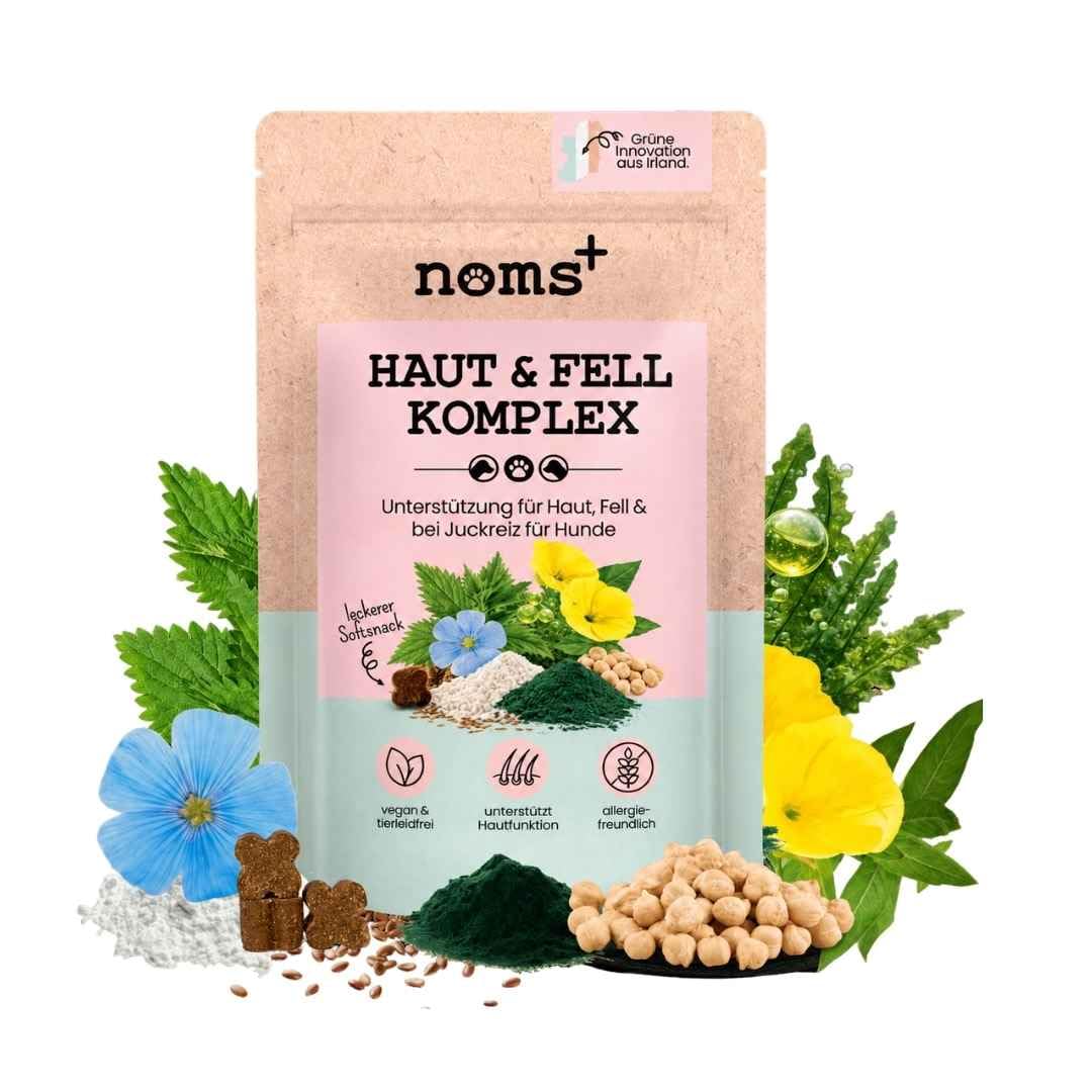 noms+ Haut & Fell-Komplex gegen Juckreiz |100 allergenarme Soft-Snacks | ohne Rind, Huhn, Weizen, Soja | mit Biotin, Nachtkerzenöl, Zink & Probiotika für glänzendes Fell, Fellpflege für Hunde - 200g
