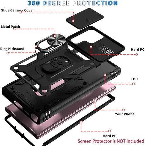 Miniatura 4 de Funda para Samsung Galaxy S22 Ultra con cubierta deslizante para cámara, ranura para tarjeta y soporte de anillo, a prueba de golpes, grado militar