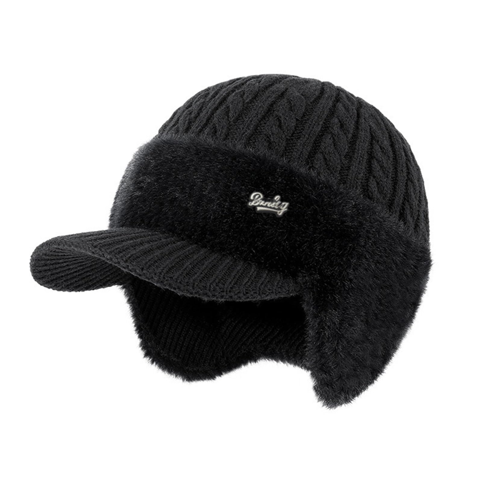 Zdouxuan Men's Black Trapper Blocking Knitted Hats, Winter Cozy Hat With Brim And Ear Knitted Caps With Fleece Lining Warmth(Black)