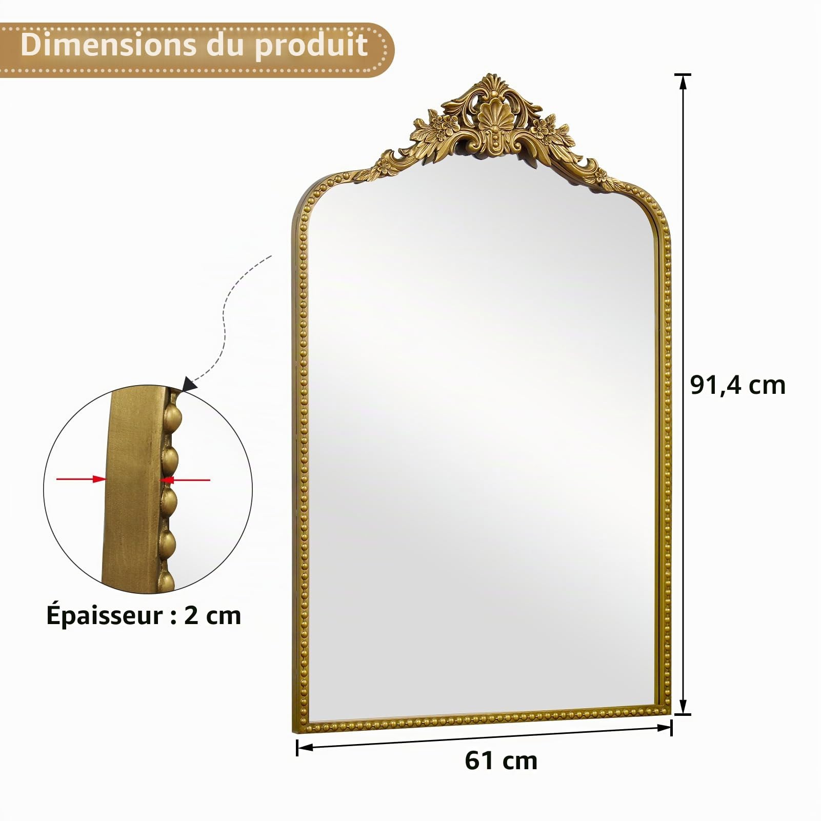 G-Leaf Miroir Baroque Vintage 61 x 91,4 cm, Miroir de cheminée Victorien Antique avec Cadre en métal doré pour cheminée, entrée, Salon, Couloir, Salle de Bain