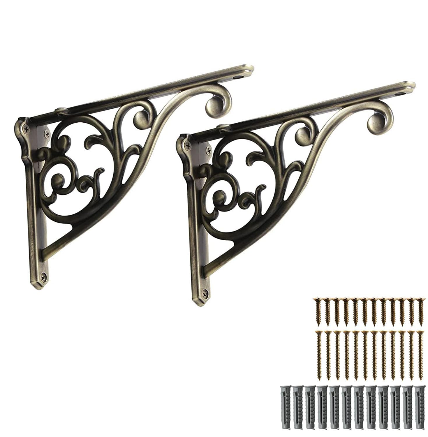 Khtumeware Ornate Decorative Brushed Antique Brass Shelf Brackets, 12 inch Big wall Mounted Shelving Bracket, 2 Pack Antique Bronze Vintage Metal Heavy Duty Brackets Victoria wall Bracket. โ image 1