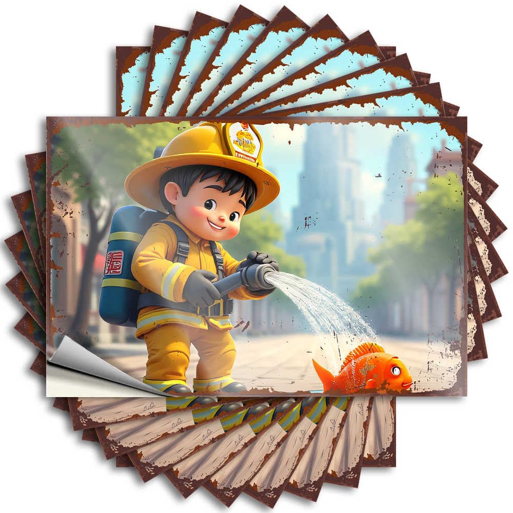 Stickers Funny Easy Apply | Little Firefighter Saving A Fish in The City Big Cover Peel and Stick(12X18CM)