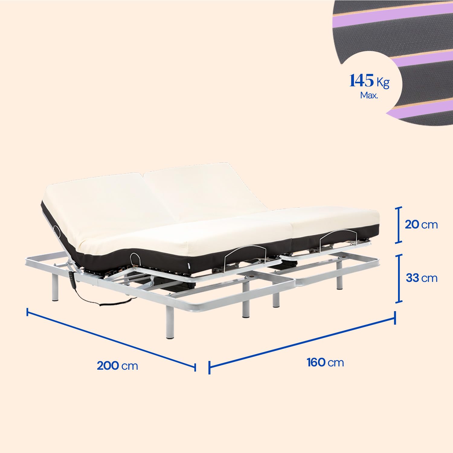Geriafy - Cama Articulada de Matrimonio Reforzada con Colchón Ortopédico Viscoelástico 20 cm (160x200, Mando por Cable) | Doble lecho independiente, colchones Cotton V6 de 20 cm con funda de algodón