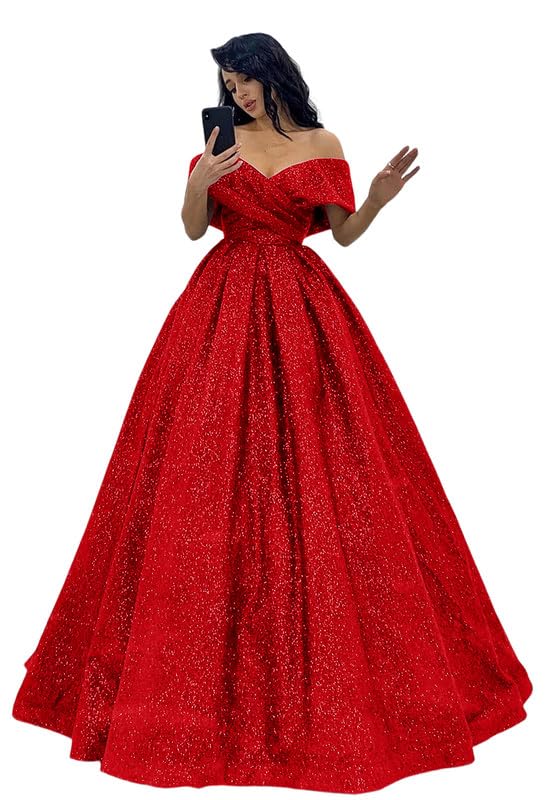 Off Shoulder Prom Dresses for Women Ball Gown Long Pleated Sparkly Formal Evening Dress with Pockets