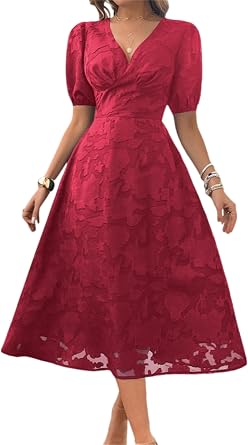 Womens Elegant Summer Dresses Short Sleeve V Neck Floral Midi Flowy Dress Fashion Vacation Wedding Guest Dresses