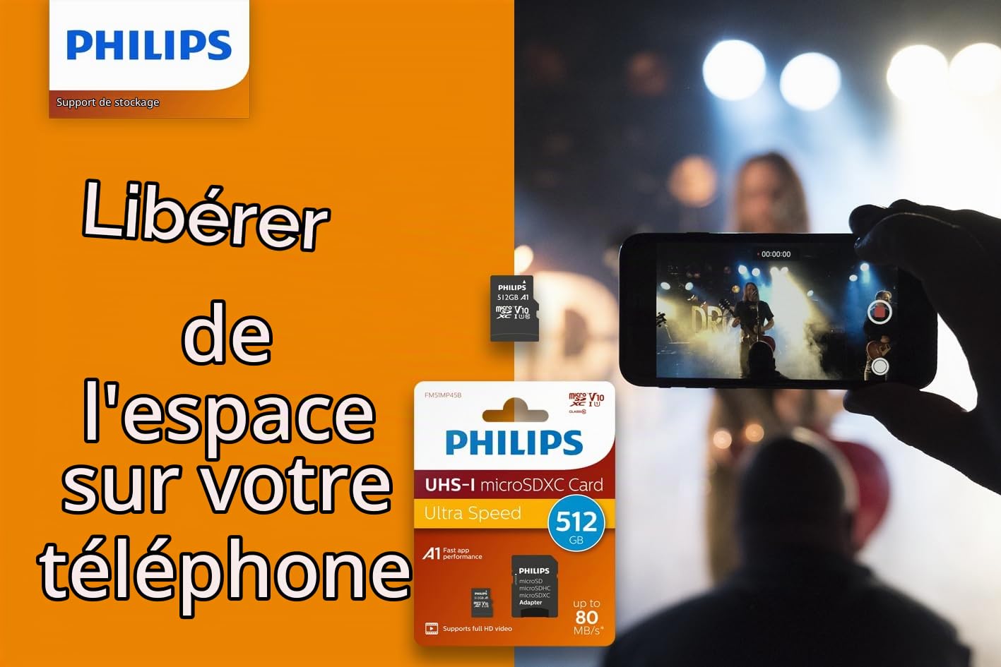 Philips Ultra Speed Carte microSDXC Card 512 Go + Adaptateur SD UHS-I U1, Vitesse de Lecture jusqu'à 80 Mo/s, A1 Fast App Performance, V10, Carte mémoire pour Smartphones, Tablette, PC, vidéo Full HD