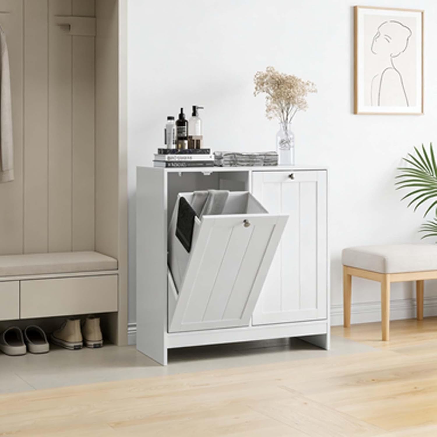 Free-Standing Double Laundry Hamper with Removable Basket, Tilted Bathroom Laundry Hamper Storage, Laundry Basket Organizer Cabinet, White
