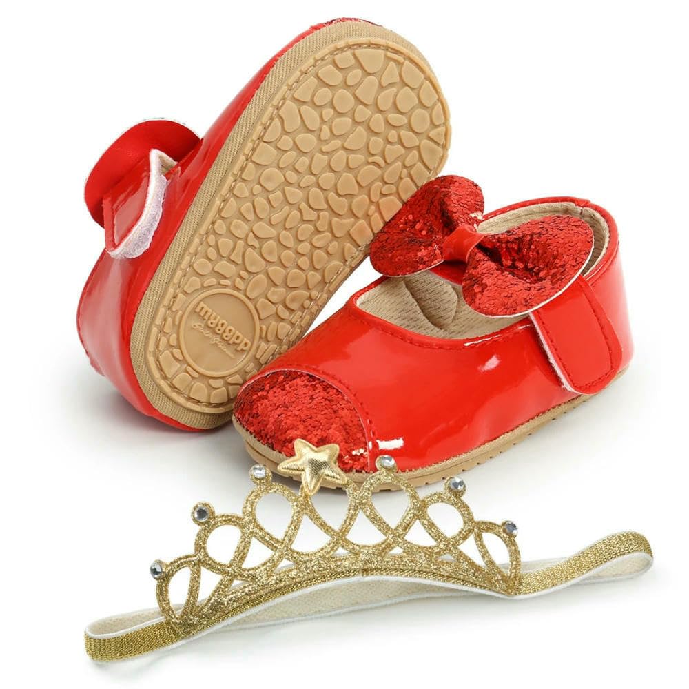 ZBDP - Scarpine per neonata + fascia per capelli, alla moda, con paillettes, fiocco, antiscivolo, per il battesimo