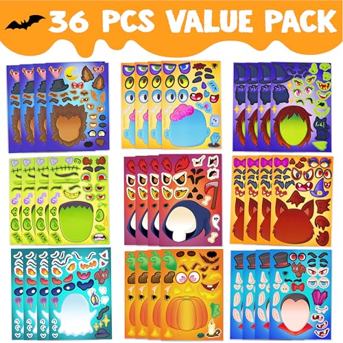 Image of JOYIN 36 PCS Halloween Make-a-face Sticker Sheet, Kids Party Favor Craft Supplies, Make Your Own Characters Stickers with Vampire, Witch, Frankenstein, Ghost, Halloween Goodies Class Activities Game