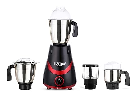 SilentPowerSunmeet Necklace 600W Mixer Grinder with 3 Stainless Steel Jars and Chopper Jar (1 Wet Jar, 1 Dry Jar and 1 Chutney Jar), Black-RED.Make in India(ISI Certified)