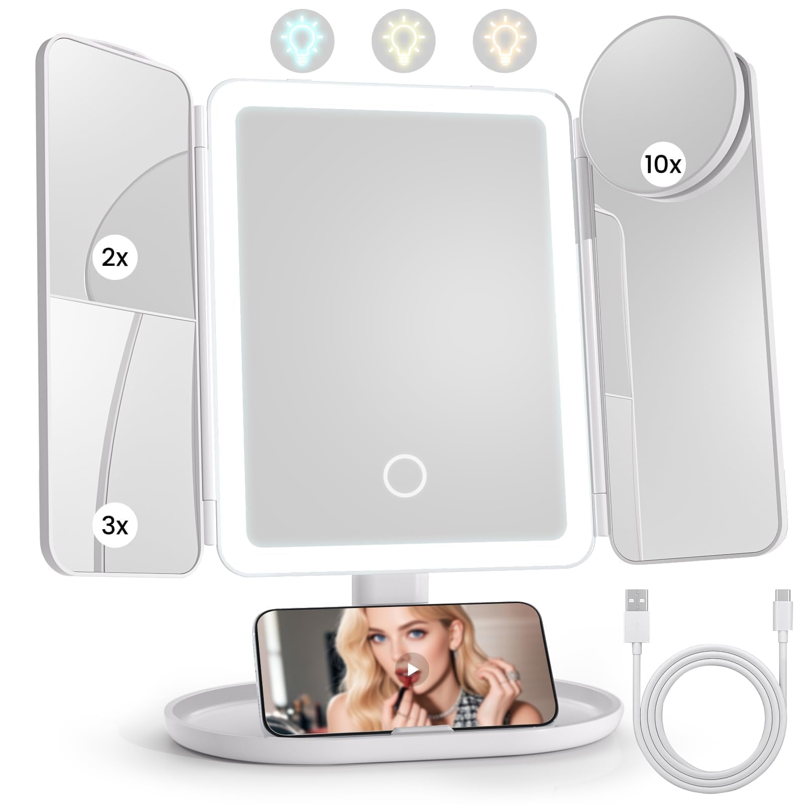 Lupow Tri-fold Vanity Mirror, 52 LEDs Makeup Mirror, Detachable Height-Adjustable Stand for Travel, 2X,3X,10X Magnification, Suitable for bathrooms, desks, and Vanity, Ideal Gift for Women-image-35