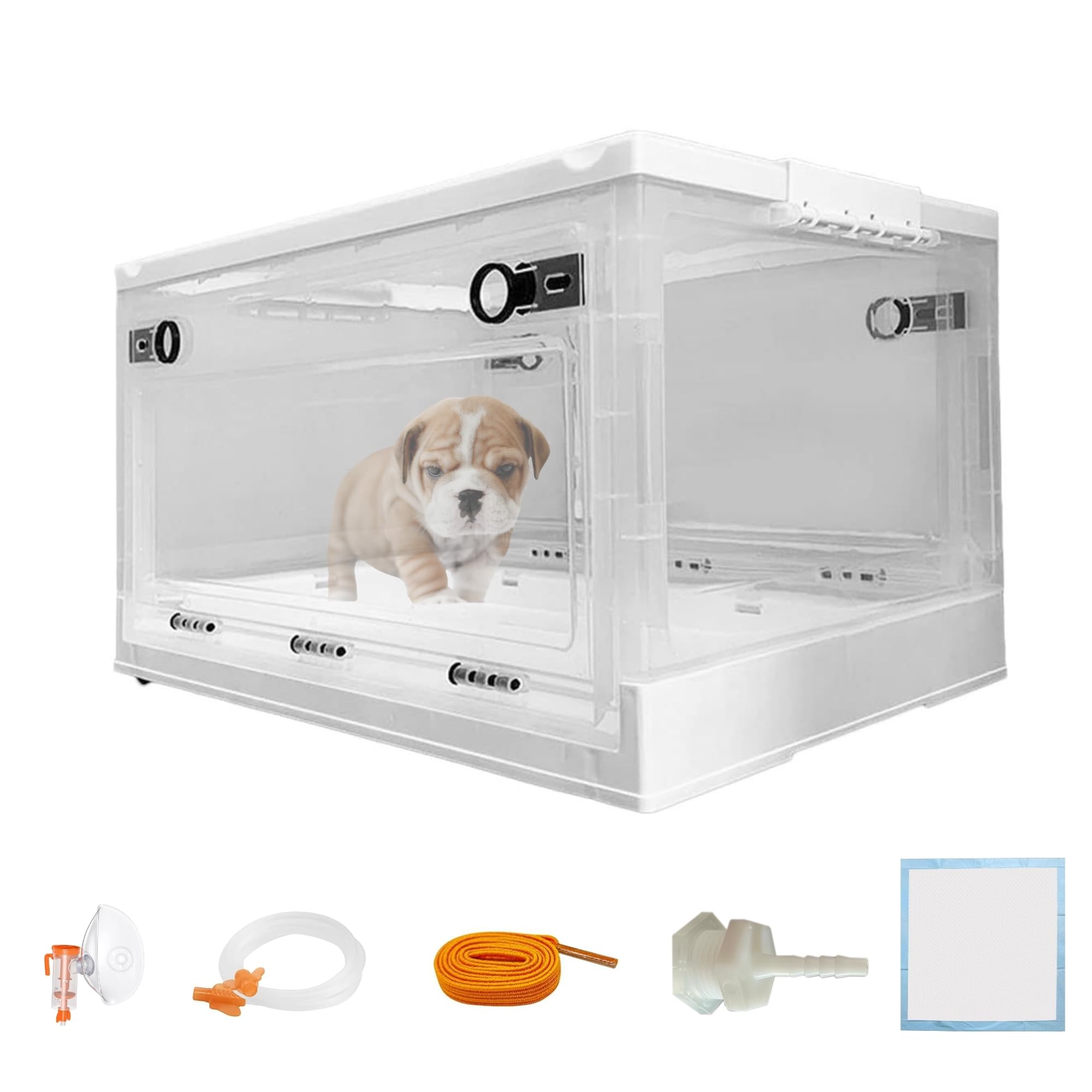 folding dog oxygen chamber medium with wheels, 55l kitten incubator brooder nursery, breathable visible pet incubator with pet urine pad mask connection valve