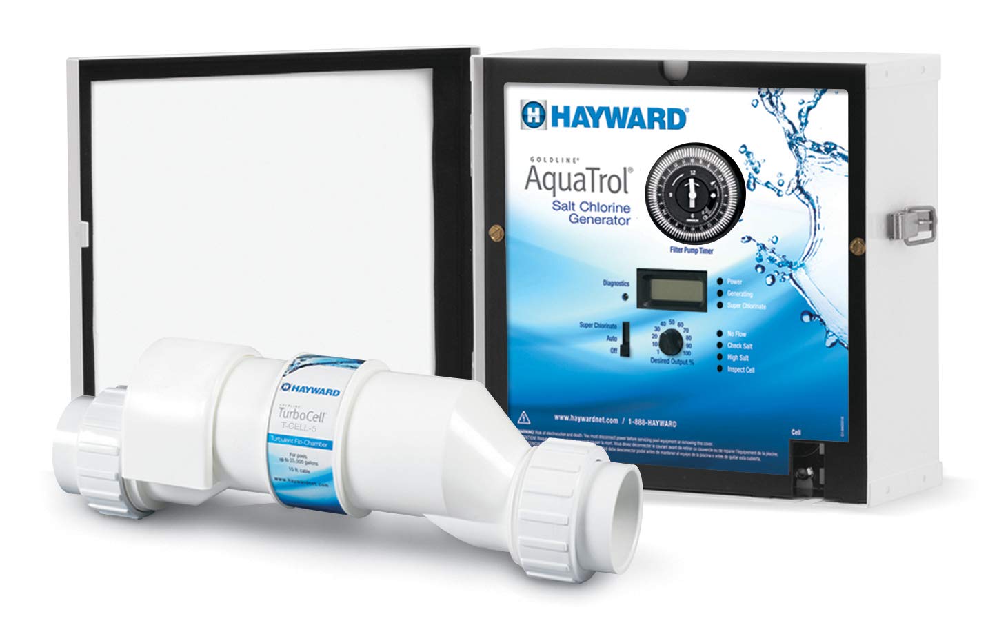 Hayward W3AQ-TROL-RJ AquaTrol Salt Chlorination System for Above-Ground Pools up to 18,000 Gallons with Return Jet Fittings, Straight Blade Line Cord and Outlet