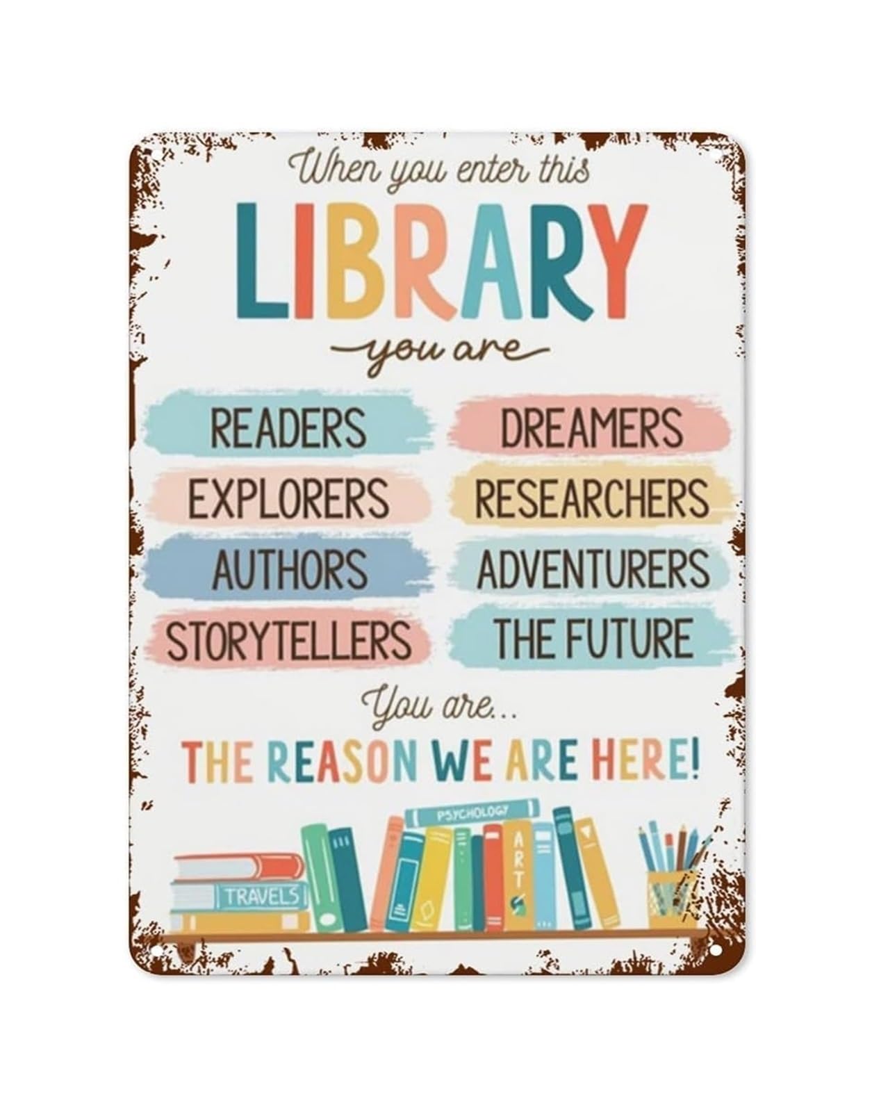 PKNVKZIDK Vintage Librarian Sign Metal Tin Plaque Watercolor Illustration School Library Wall Decor for Teachers Lounge Book Lover Gift 8 X 12 inch